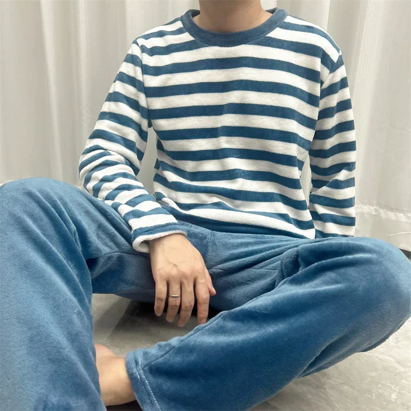 Large Size Winter Pajamas Set Men Warm Soft Flannel Striped Nightwear Long Sleeves 2 Pieces Set Home Clothes Korean Sleepwear