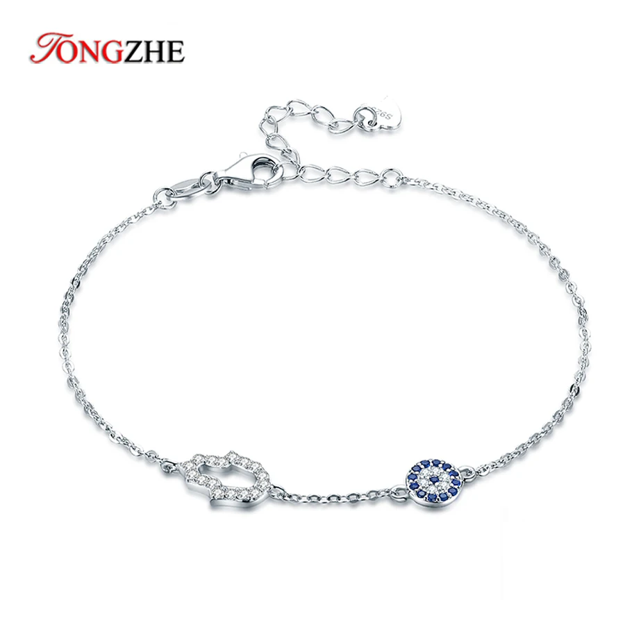 Tongzhe Hamsa Hand Evil Eye Charm Bracelet Argento Sterling 925 Fortuna Blu Cz Bracciali A Maglie A Catena Per Donna Gioielli Turchi