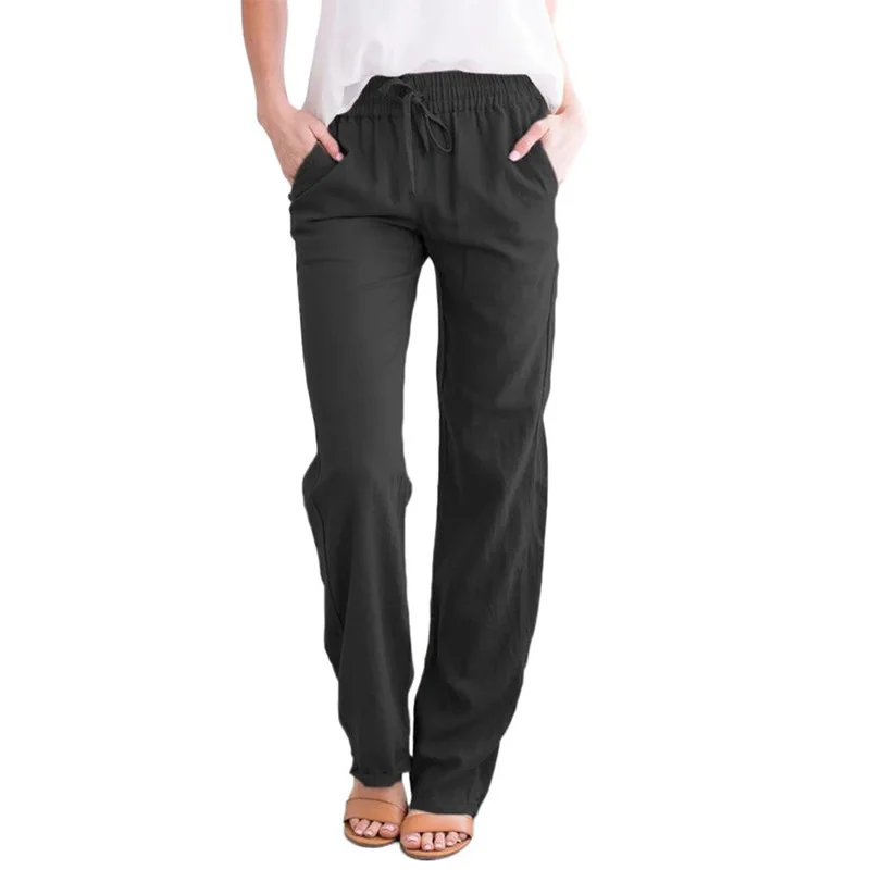 Spring and summer new solid color cotton and linen drawstring loose casual wide leg pants