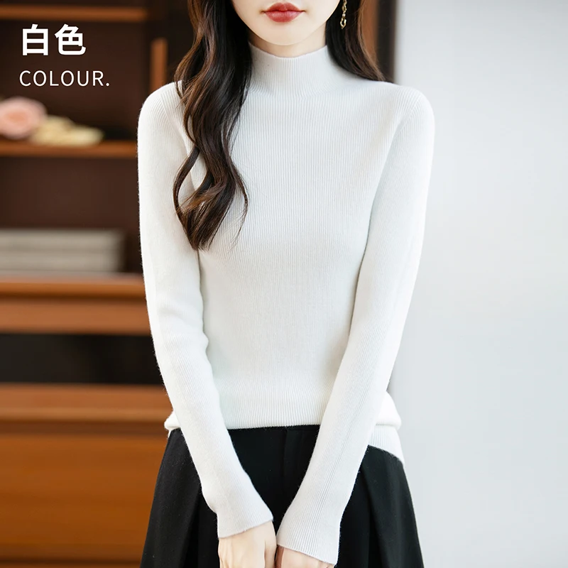 Autumn Winter Semi High Neck Women's New Wool Knitted Sweater, Tight Fitting, High Elasticity, Versatile Long Sleeved Top Korean 3