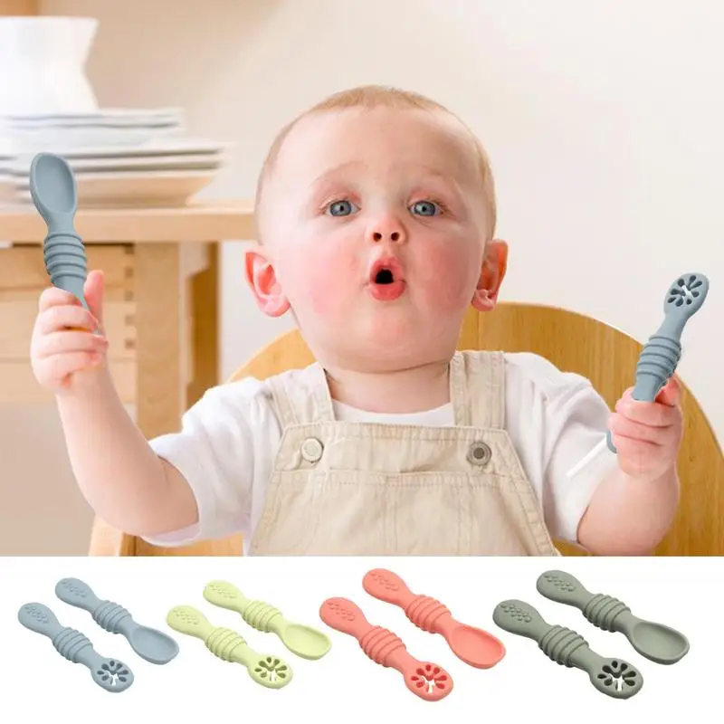 3PCS Kawaii Baby Learning Spoons Utensils Set Toddler Feeding Tableware  Baby Silicone Teether Toys Training Cutlery Baby Stuff