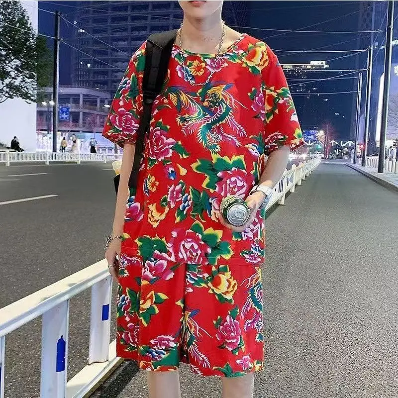 2024 Northeastern Large Floral Cloth Suit Short-sleeved Ethnic Funny Dance Costume Guochao Style Duo Funny Wushu Kungfu Clothes