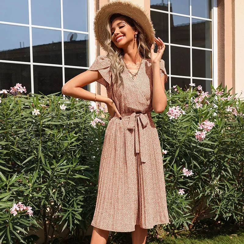 

Summer Flower Printed Pleated Dresses Women Green V Neck Petal Sleeve Bandage Midi Dress Ruched Casual Elegant Vacation Vestidos