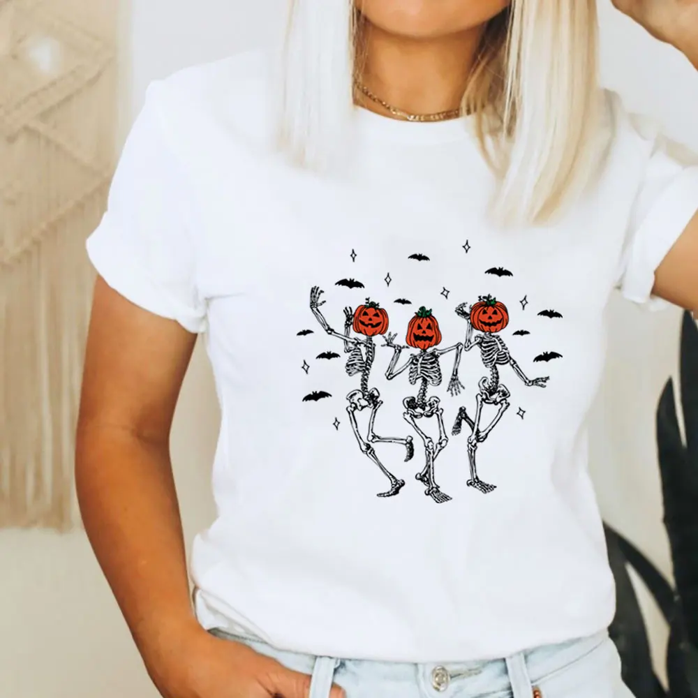

Dancing Skeleton And Pumpkin New Arrival Halloween Shirt 100%Cottom Women Tshirt Funny Summer Casual Short Sleeve Top Tee