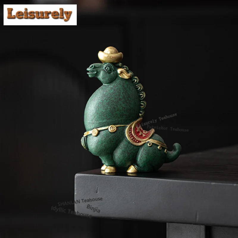 Green Sandstone Wealth-attracting Horses Tea Pet Aesthetic Tea Games Tea Figurine Play Toys Tea Statue Ornaments Cafes Supplies