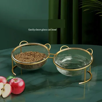 Cute Pet Food Feeder Glass Dog Double Bowl Pet Bowls with Golden Stand Raised Cat Bowls Dog Water Bowl Cat Accessories
