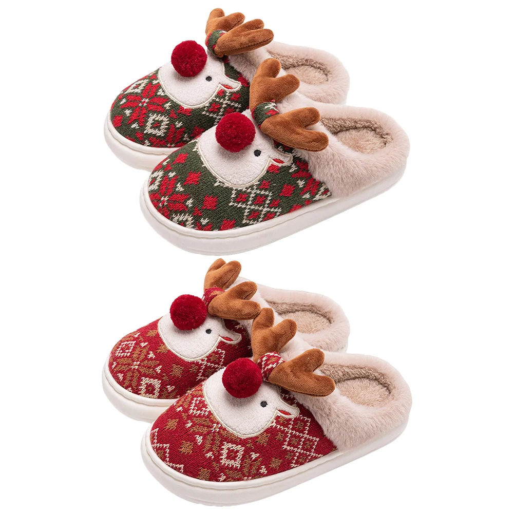 Plush Slippers Christmas Elk Fluffy Home Comfortable Furry Reindeer Anti Slip Cartoon