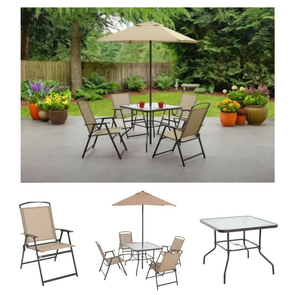 

6-Piece Folding Dining Set By , Patio Table, Chair, Umbrella, Set, Outdoor Decorations, (Tan)