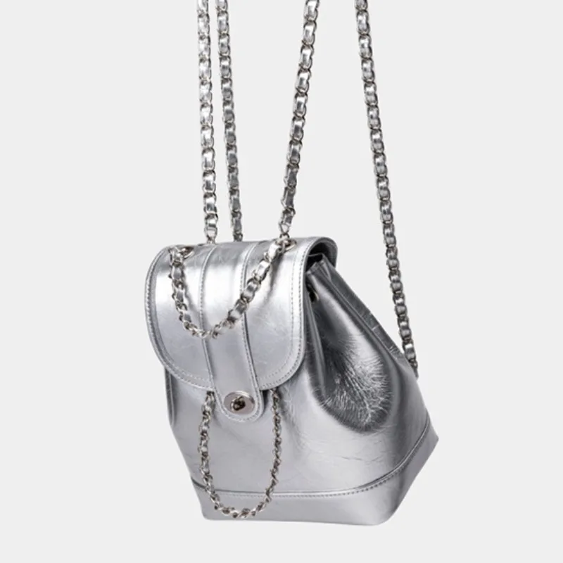 Small Fragrant Wind Ring-grid Chain Backpack Female Korean Version Ins Oil Wax Leather Small Bag