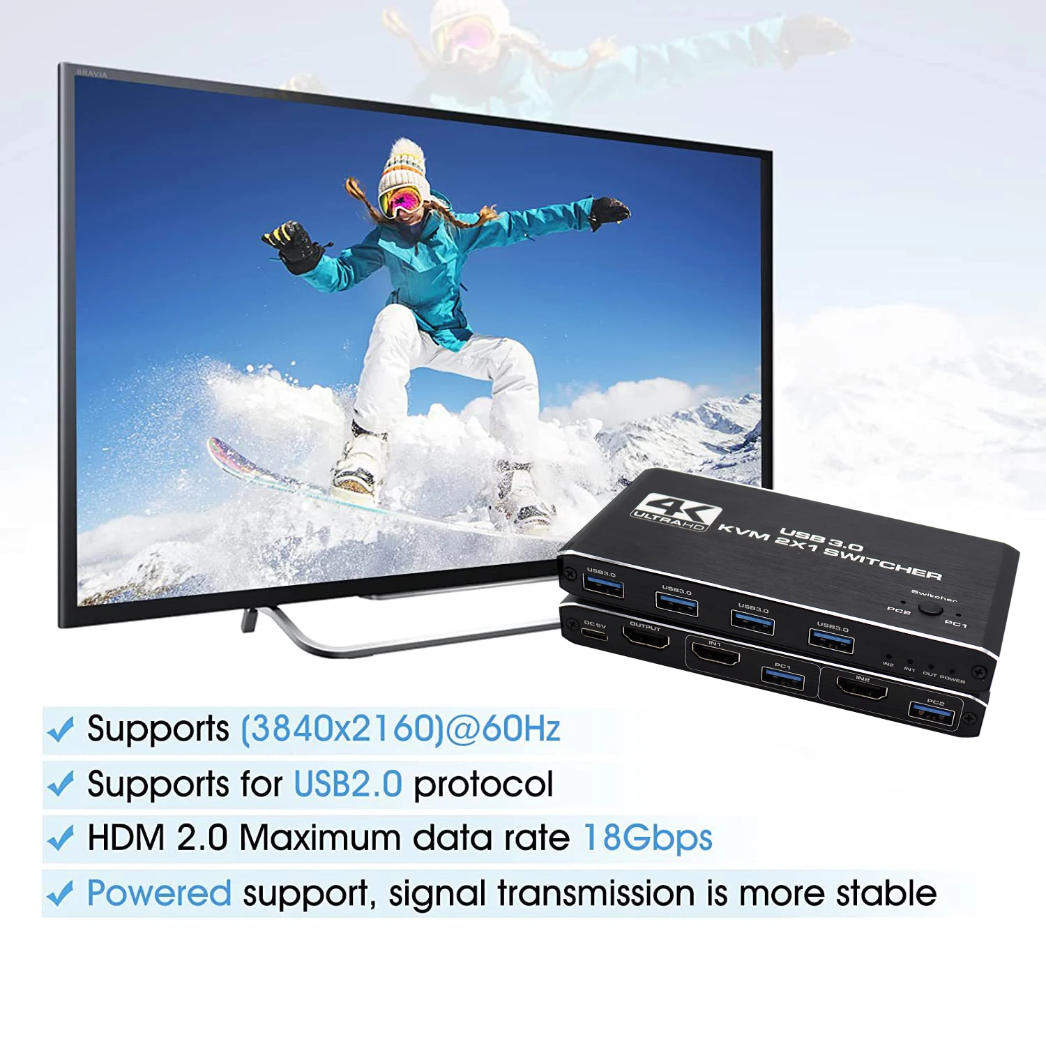 HDMI ȣȯ KVM ġ, USB 3.0 ó, Ű  콺 EDID  HDCP  2 PC , 4K, 2 in 1 Out