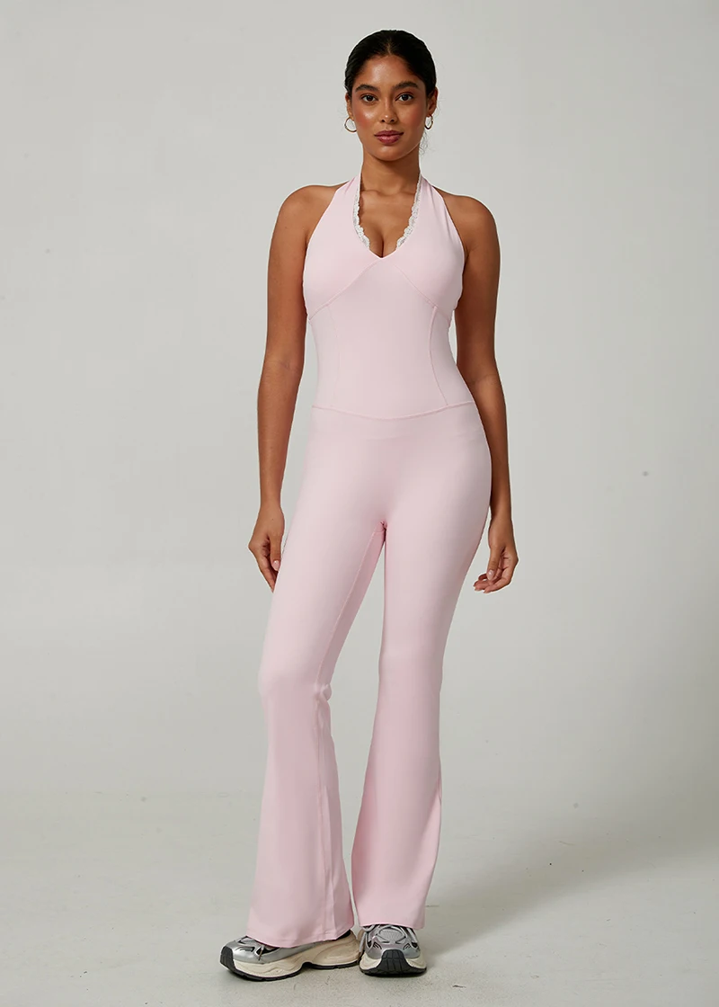 Neuer Halter V-Ausschnitt Pilates Yoga Jumpsuit Damen Einteiler mit Spitzen-Patchwork Sexy Tailliertes Sportoutfit Eleganter Einfarbiger Workout-Bodysuit – Detail 7