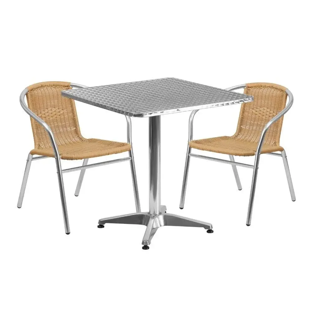 27.5 Inch Square Aluminum Table Set with 2 Rattan Chairs Indoor Outdoor Use Lightweight Commercial Residential Bistro Dining 2