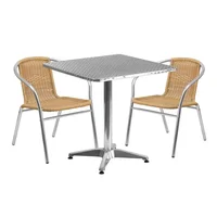 27.5 Inch Square Aluminum Table Set with 2 Rattan Chairs Indoor Outdoor Use Lightweight Commercial Residential Bistro Dining 2