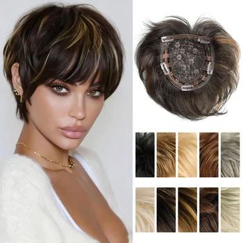 Topper per capelli corti sintetico da 6 pollici, taglio pixie corto, per capelli diradati, con texture riccia naturale