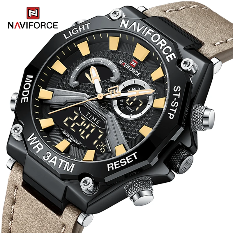 New Trends NAVIFORCE Brand Wrist Watches for Man Genuine Leather Waterproof Quartz Clock Dual Display Digital Sports Men's Watch