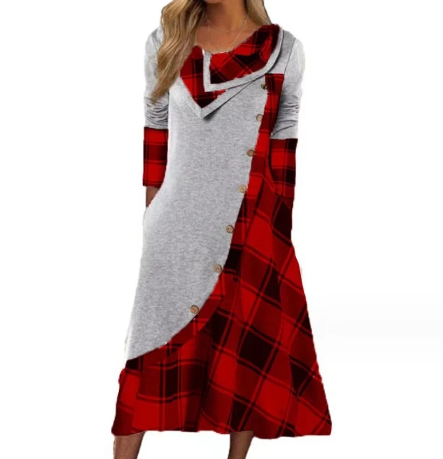 

Loose Woman Casual Dress 2023 Autumn Winter Checkered Printed Patchwork Long Sleeved Dress with Stacked Pockets and Collar