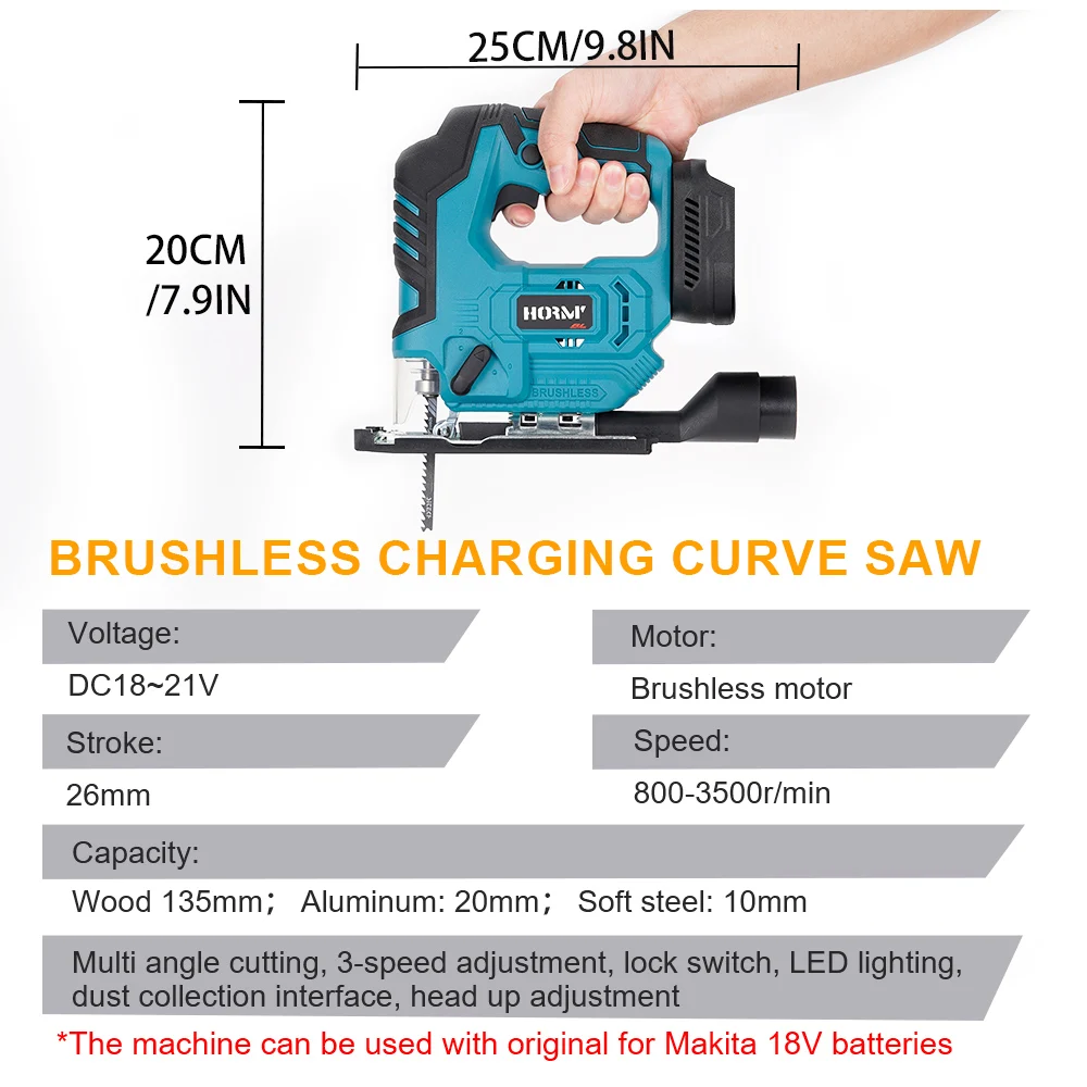 Hormy 18V Brushless Curve Saw 26mm Stroke Multi angle Cutting Saw For Makita 18V Lithium Battery Woodworking Electric Saw 2