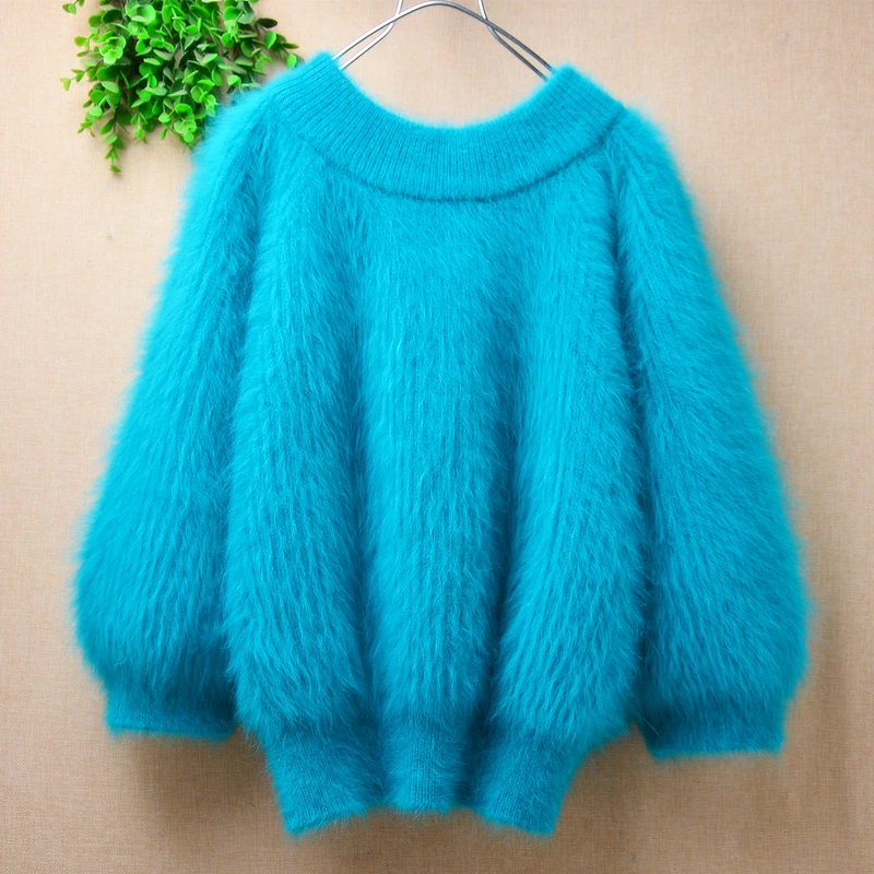 

Ladies Women Spring Winter Thick Warm Blue Hairy Plush Mink Cashmere Knitted O-Neck Three Quarter Sleeves Loose Pullover Sweater