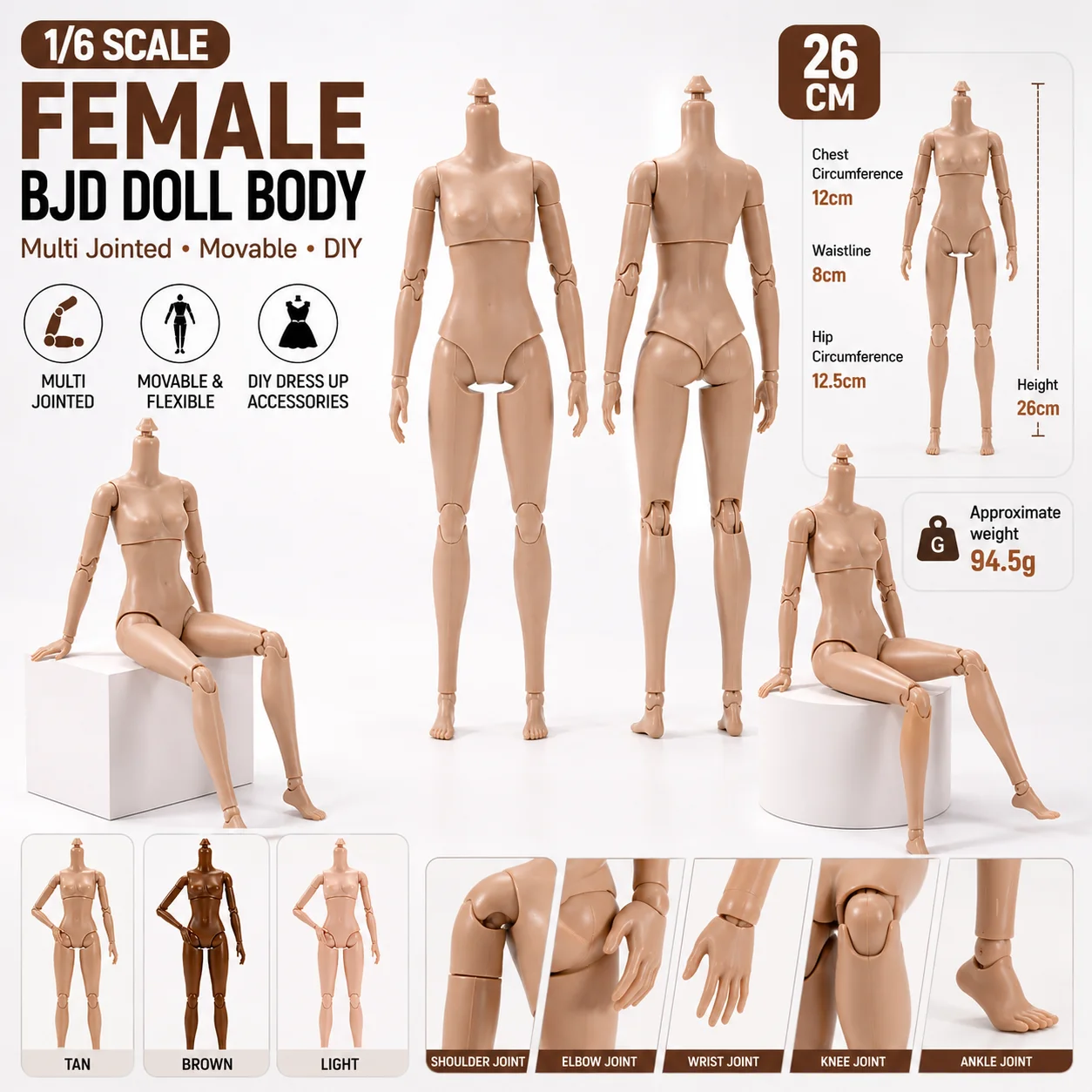 1/6 Maßstab Mehrteiliger Supermodel-Puppenkörper, bewegliche BJD-Figur, weiblicher nackter Körper für individuelle Anpassung und Puppenherstellung, Spielzeugteile