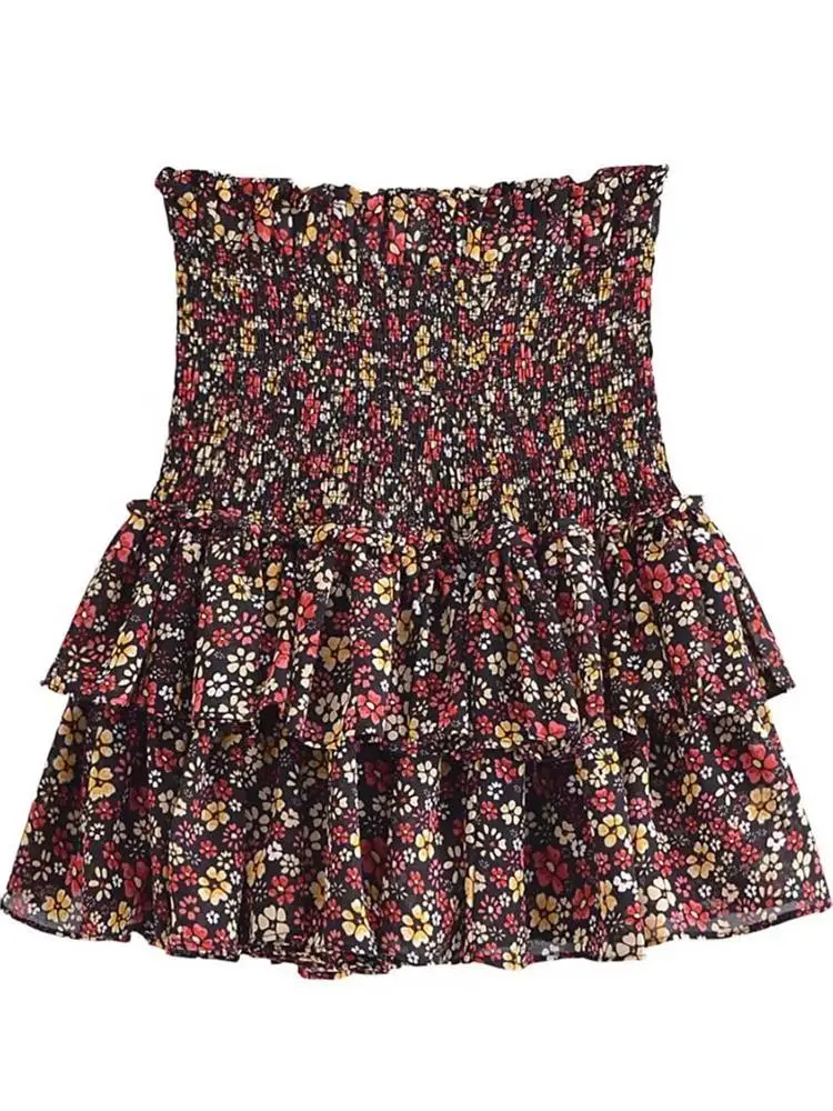 

MESTTRAF Women Fashion Y2K Sexy Flower Print With Lining Mini Skirt Vintage High Elastic Waist Ruffled Skirts Streetwear