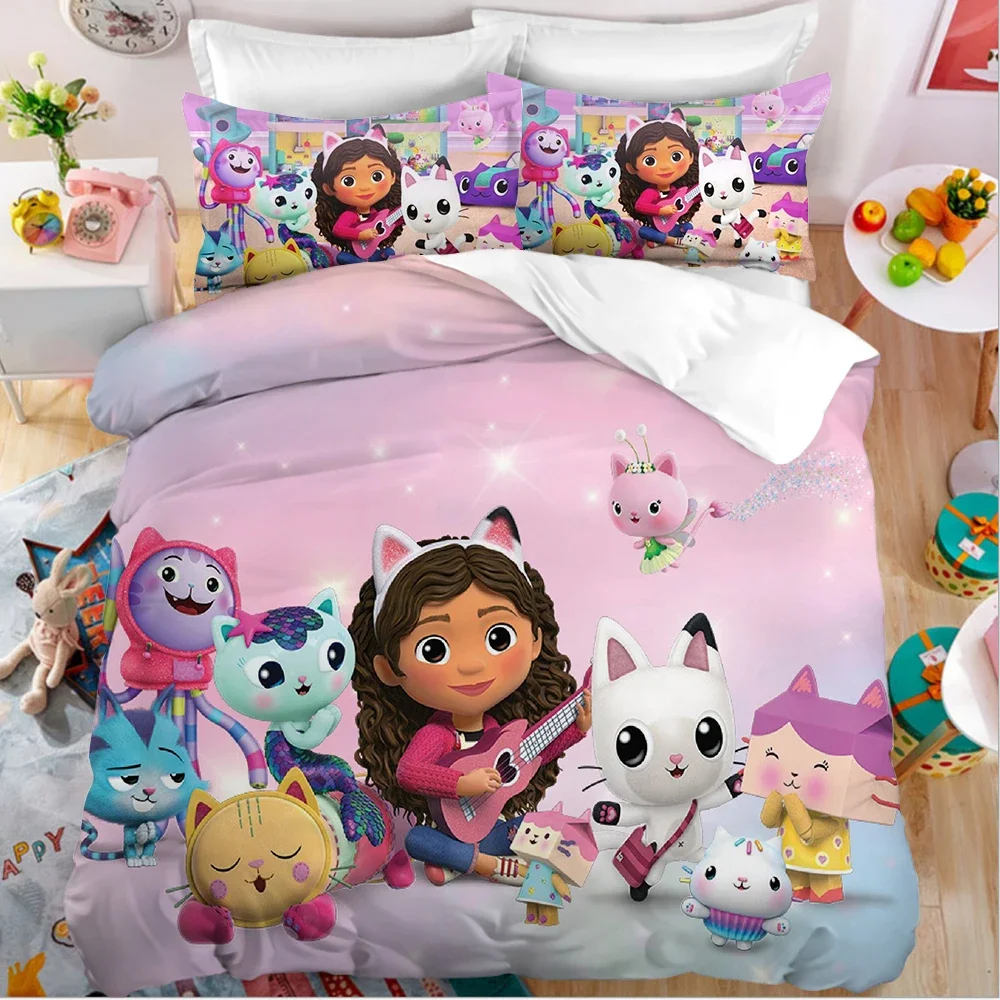 KawaiiGabbyDollhousesDuvetCoverSetChildrenCartoonPillowcaseKidsAnimeCuteBeddingSet