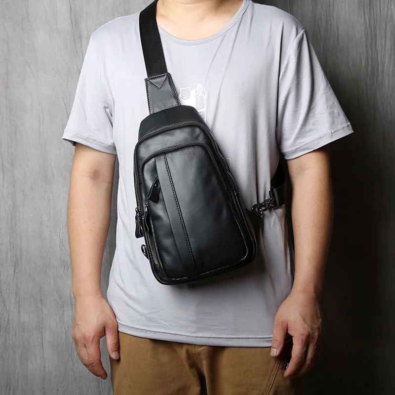 NZPJ Trendy Leather Men's Chest Bag Casual Shoulder Bag Natural Cowhide Messenger Bag Black Small Backpack For 8 Inch Tablet