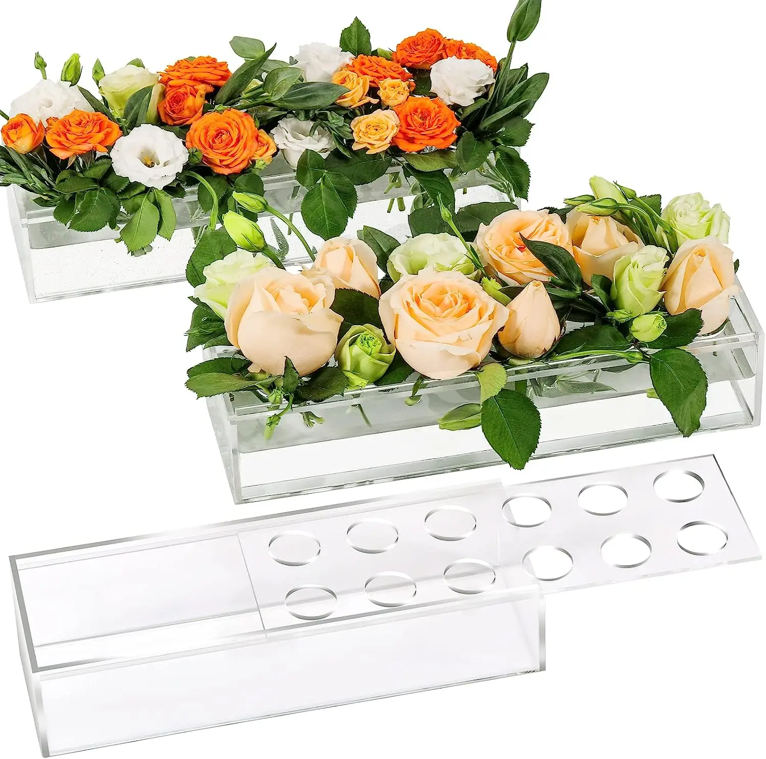 

Long Acrylic Vase Holes with Artificial Rose Flowers, Clear Rectangular Box, Silk Flower for Table, Home Decor 12PCS Flower