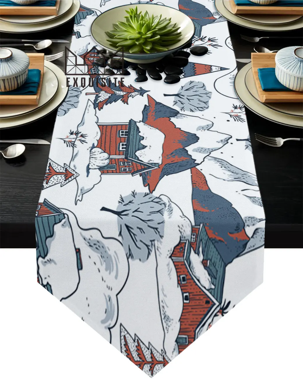 Painted Illustration Wooden House Snowing Coffee Table Decor Tablecloth Wedding Decoration Dinning Table Decoration Table Runner