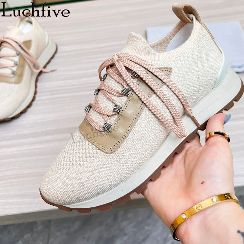 

Spring Hot Sale Famous Flat Sneakers Shoes Woman's Breathable Lace-Up Knitted Brand Shoes Luxury Casual Comfort Run Shoes Mujer