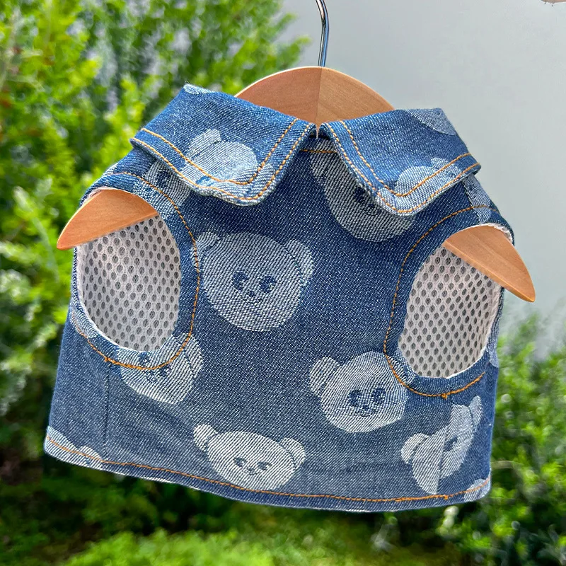 Denim Dog Harness And Collar Set With Leash, Cute Blue Puppy Vest_voghion.com