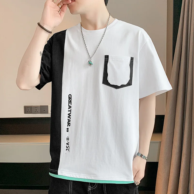 

New Casual Men's Summer T-Shirts Hip Hop Patchwork Top Streetwear Loose Short Sleeve Cotton Tees Plus Size M-4XL Harajuku Tshirt