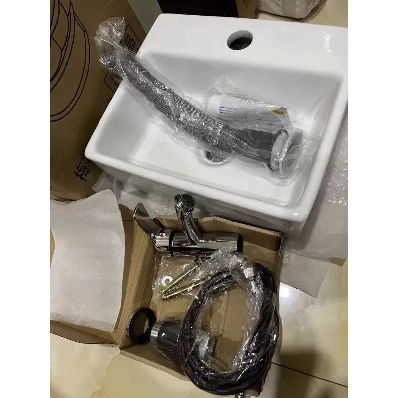 32/33/37cm Small Apartment Bathroom Sink Wall-mounted Ceramic Washbasin Balcony Washroom Corner Hanging Basin with Faucet Set 5
