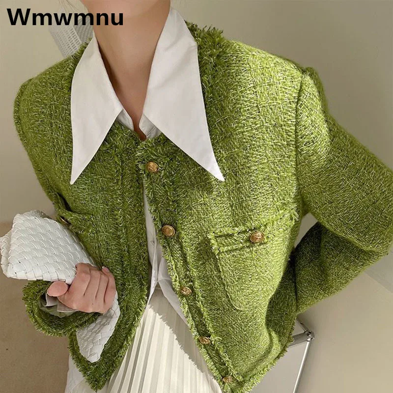 

Vintage Tweed Woolen Jackets Spring Fall Green Short Coats Korean Fashion Loose Outerwears Elegant Womens O-neck Chaquetas New