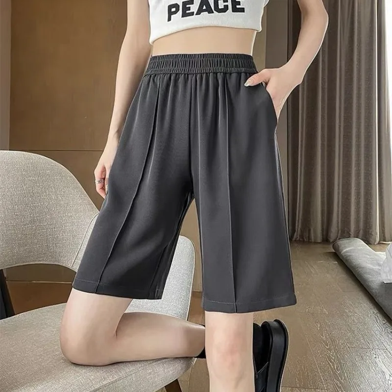 Summer Women's Clothing Solid Color Elastic High Waist Pockets Casual Trouser Suits Straight Cargo Chiffon Capri Pants Shorts