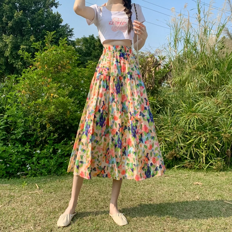 

2023 Spring and Summer New Women's Skirt Oil Painting Print Medium Length A-Line High Waist Slim Free Shipping