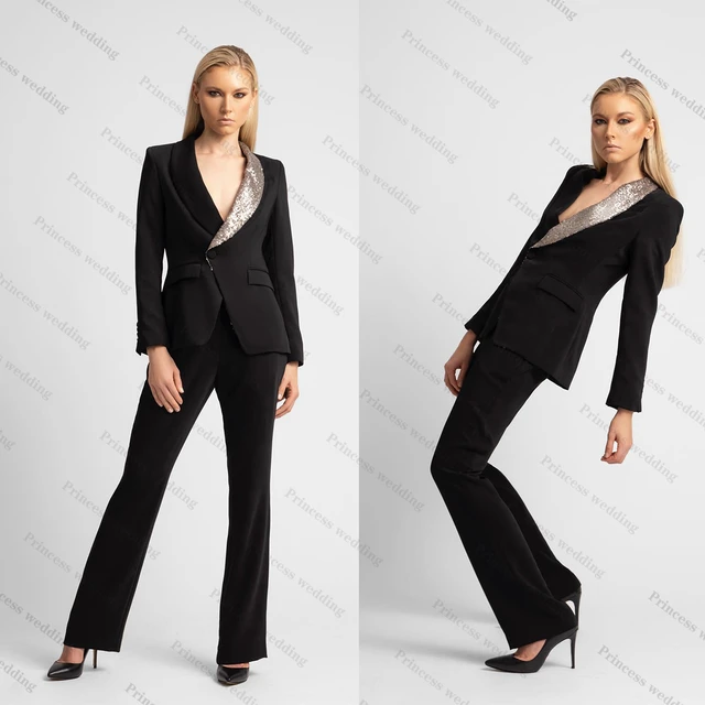Cool Black Women Pants Suits Set 2 Pieces Sequins Lapel Girls Blazer Custom  Made Plus Size Office Lady Party Prom Wear - AliExpress