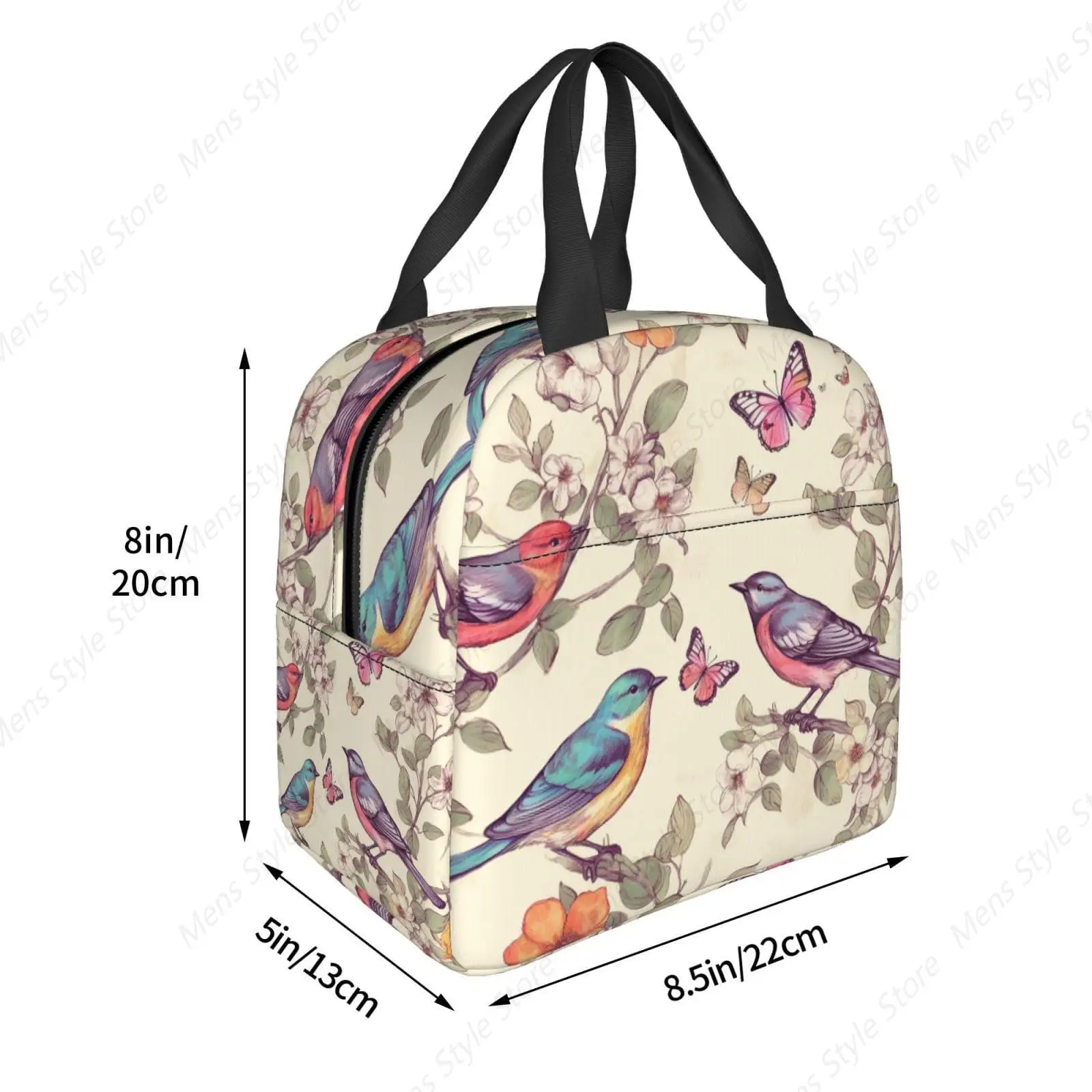 Lunch Bag Insulated Lunch Box for Women Men Reusable Cooler Bag Birds on Branches and Butterflies Tote for Work Picnic