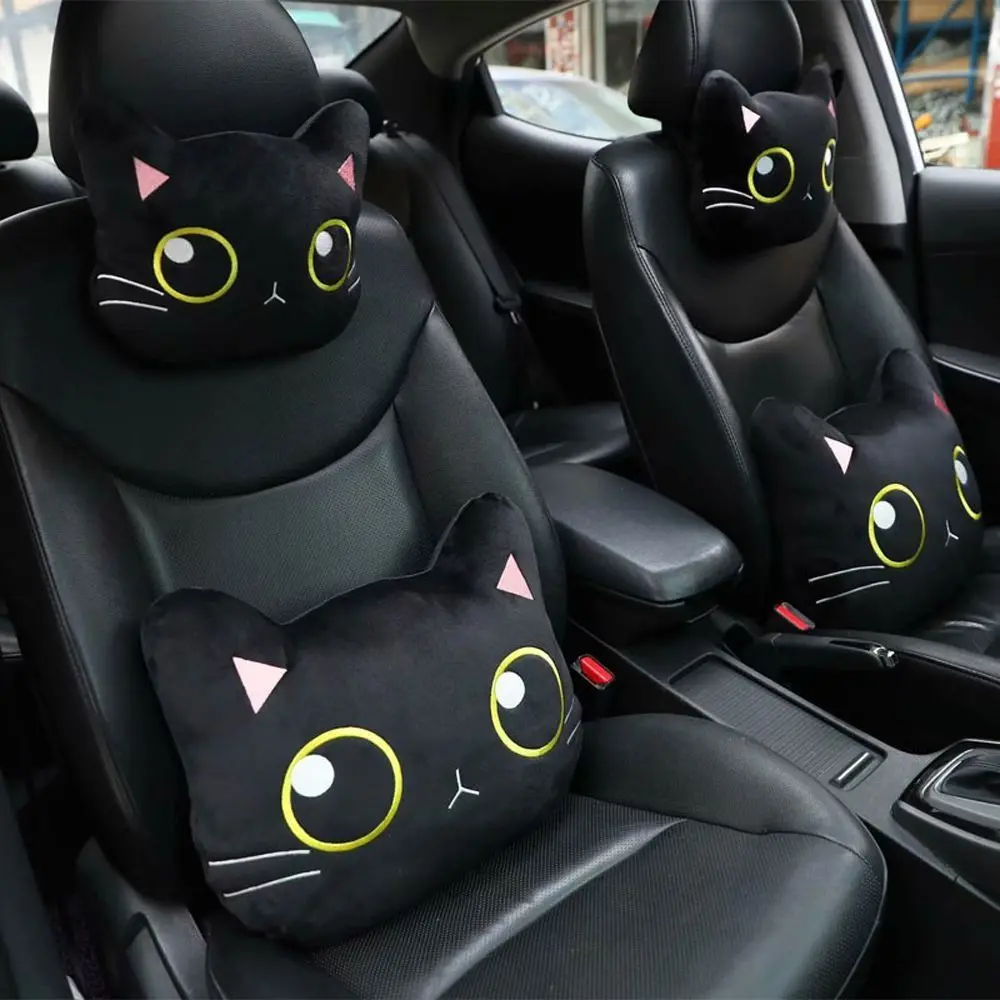 Cute Cat Car Neck Pillow Cartoon Cat Head Car Headrest Travel Cushion Cat Seatbelt Shoulder Pads Covers Rearview Mirror Cover