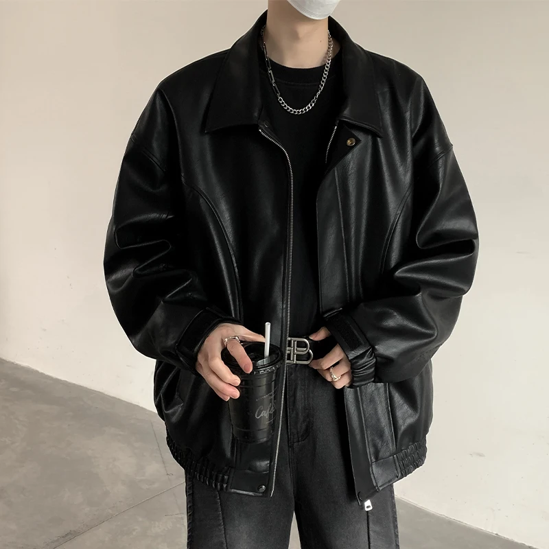 korean fashion Men's black leather jacket, loose lapel bomber jacket, motorcycle jacket, personalized designer men clothing