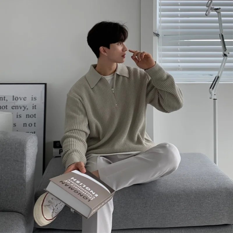 Half Zip Sweater Vintage Polo Knit Loose Casual Thread mens clothing pullovers
