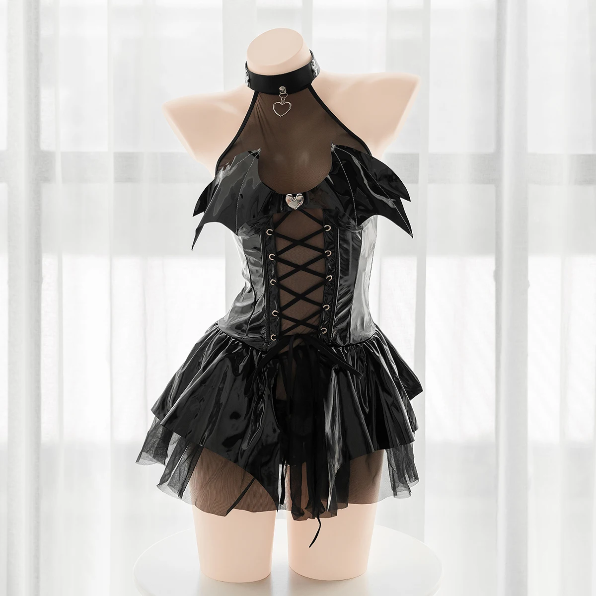 

Japanese Anime Devil Girl Lolita Sexy Cosplay Dress Patent Leather Halter Mesh Perspective Dress Women Home Wear Black Sleepwear