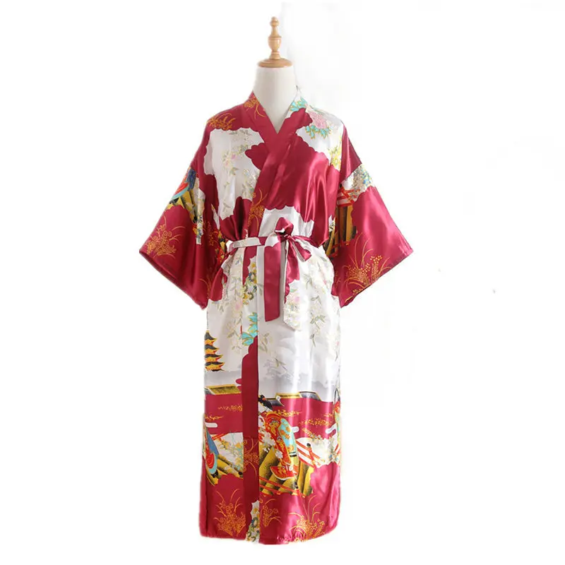 Japanese Kimono Style Cardigan Satin Bathrobe Long Pajamas Night Robe Yukata For Women Japanese Clothes Peacock Print japanese kimono,japanese kimono cardigan