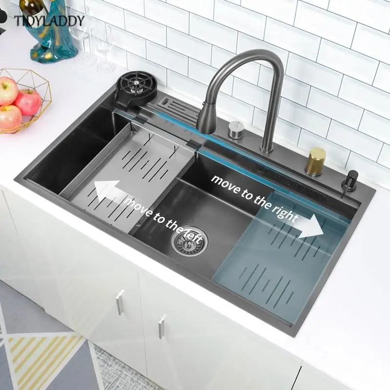 Kitchen Sink Waterfall 304 Stainless Steel Large Single Slot Kitchen Accessories Waterfall Faucet Vegetable Basin kitchen sink