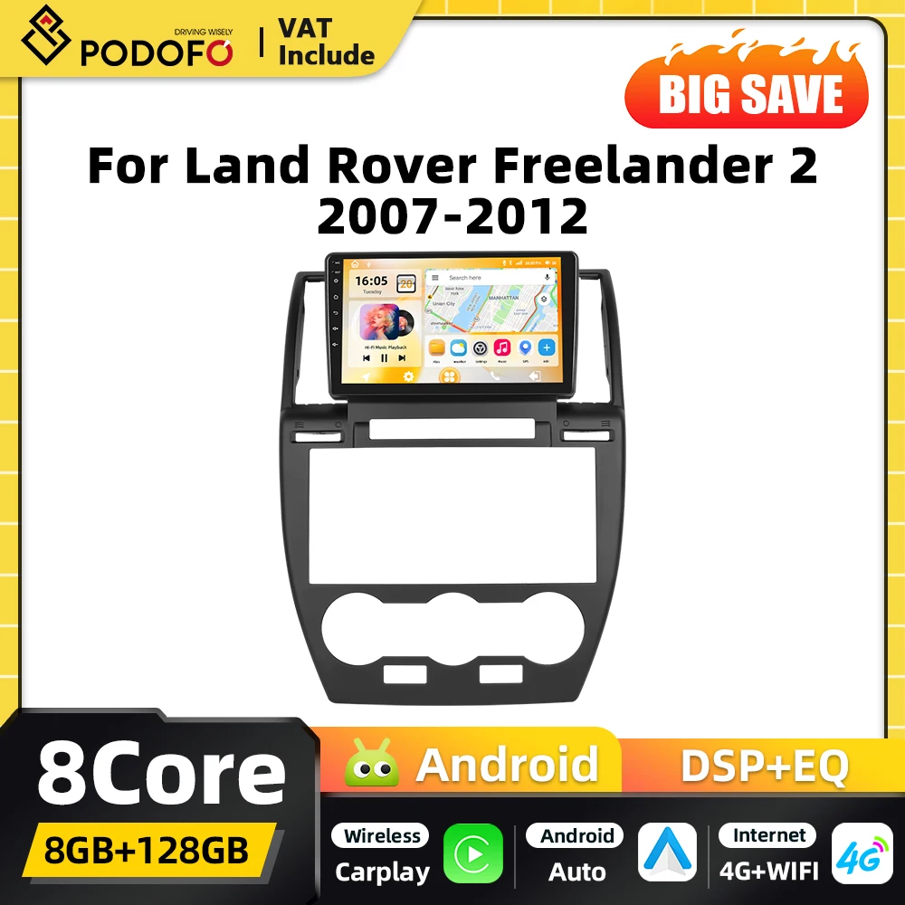 Radio Estéreo para Auto Android 2DIN Podofo Qualcomm 8Core para Land Rover Freelander 2 2007-2012, Navegación GPS, Carplay, Android Auto, BT 1