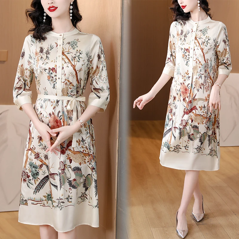 

Summer New Women's Dress O-neck Short Sleeved Satin Dress Loose Fitting Casual Fashion Printed Dresses