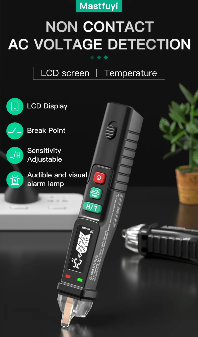 MASTFUYI FY18D Non-Contact Voltage Tester LCD Screen Electrical Pen AC Voltage Tester Breakpoint Finder 12V-1000V Temperature