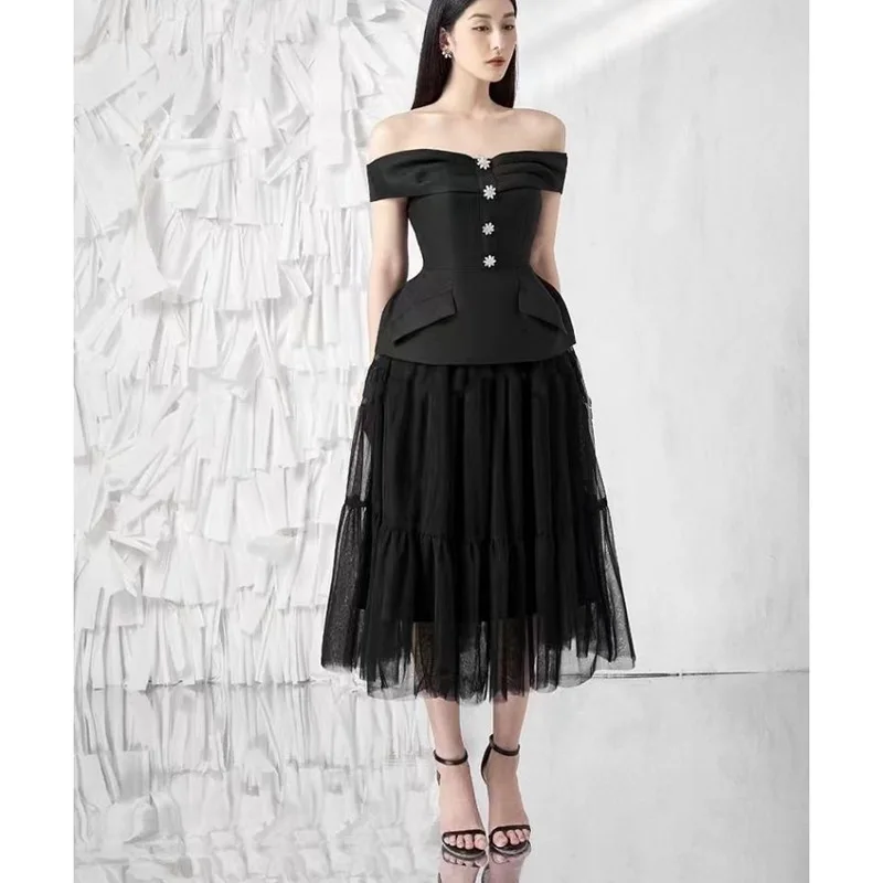

Black Sweet Patchwork Mesh Off Shoulder Formal A-line Dresses Women Elegant Slash Neck High Waist Party Dress Vestidos