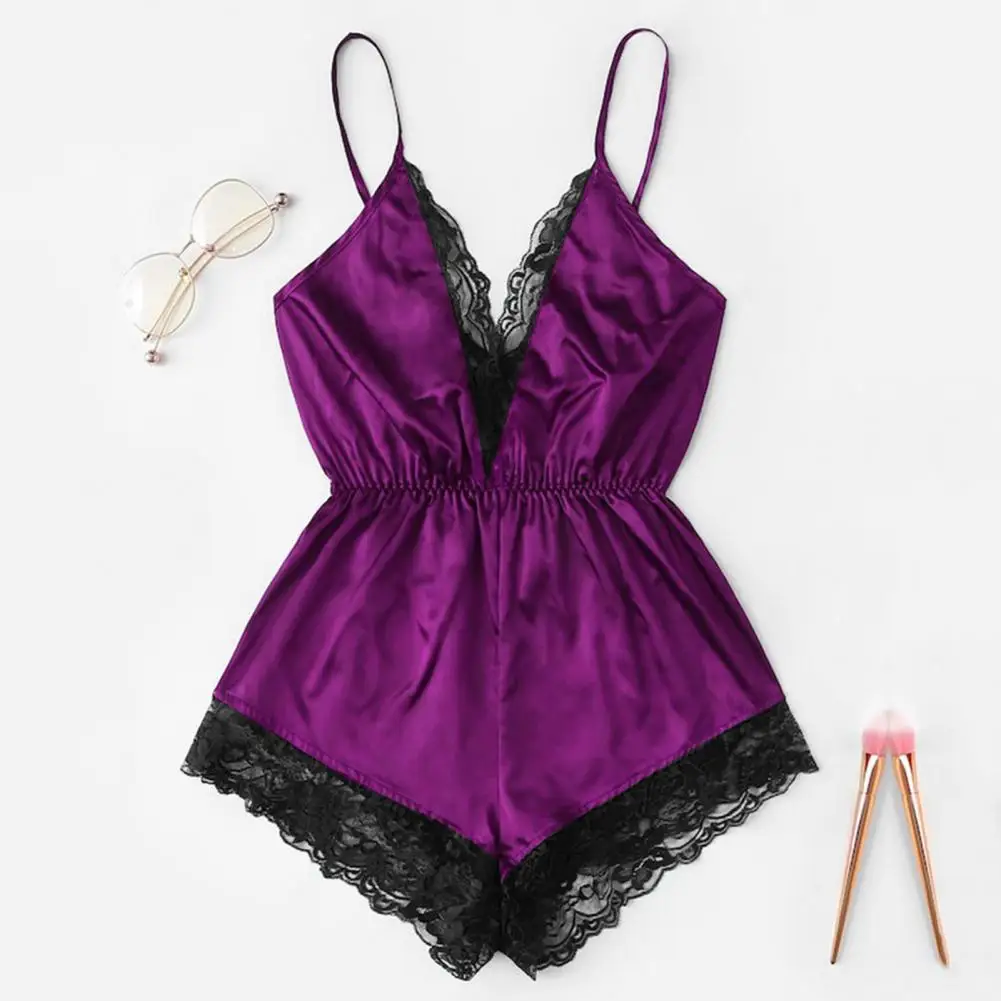 Women Sexy Lingerie Pijamas V-Neck Lace Stitching Bodysuit Sleepwear Solid Onesies Nightwear