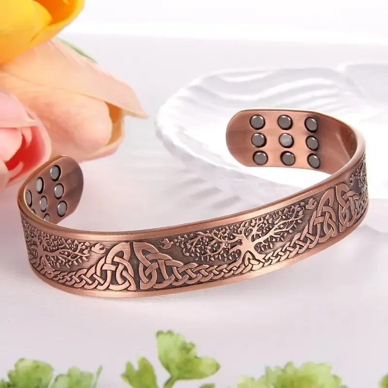 Pure Copper Cuff Bracelet Bangle Tree of Life Carving Design Magnetic Bracelets For Men With 3500 Gauss Magnets Adjustable Size 2