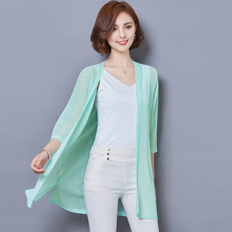 

Korean Women Tops Summer Thin Cardigan Blouses Chiffon Coat Casual Beach Shirt Long Sunscreen Shawl Female Clothing